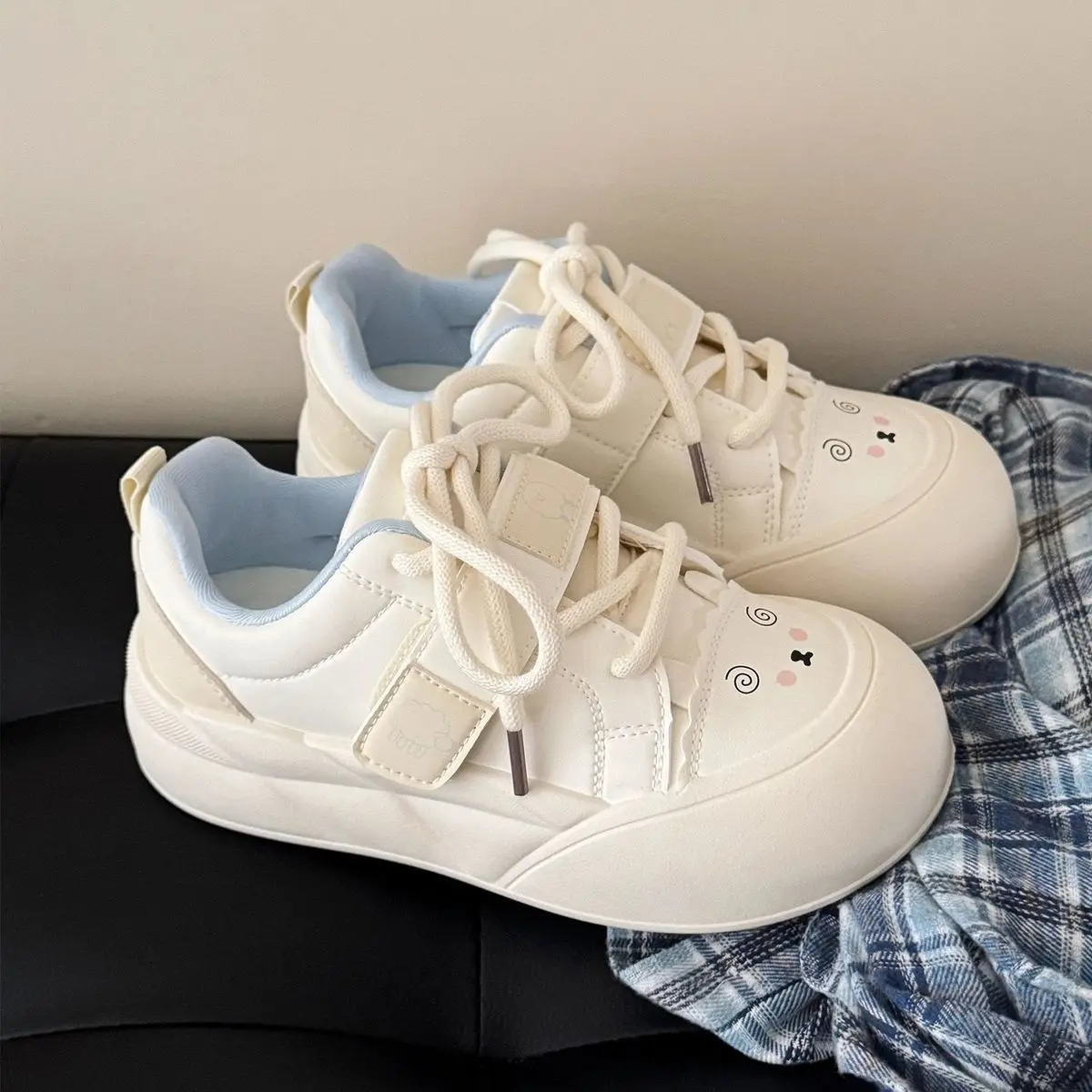 Women Girls Cute Pure White Canvas Shoes Kawaii Hook and Loop Strap Sneakers Casual Skate Board Footwear view 4