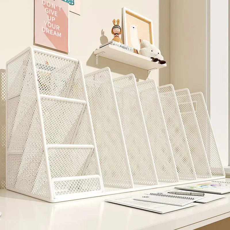 Metal Mesh Desk File Organizer with Pen Holder, 3/4 Grid Vertical Book Magazine Storage Rack for Office School