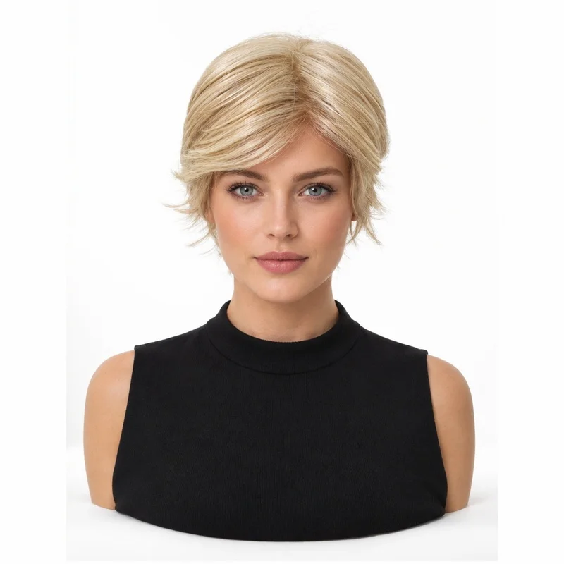 MONO Top Blonde Pixie Wig for Women 5.5x6  Short Layered Synthetic Hair Natural Scalp Lightweight Breathable Full Cap Wig