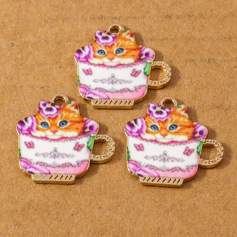 10pcs Cute Enamel Animal Cat Coffee Cup Charms Pendant for Jewelry Making Earrings Necklace DIY Bracelet Accessories Supplies