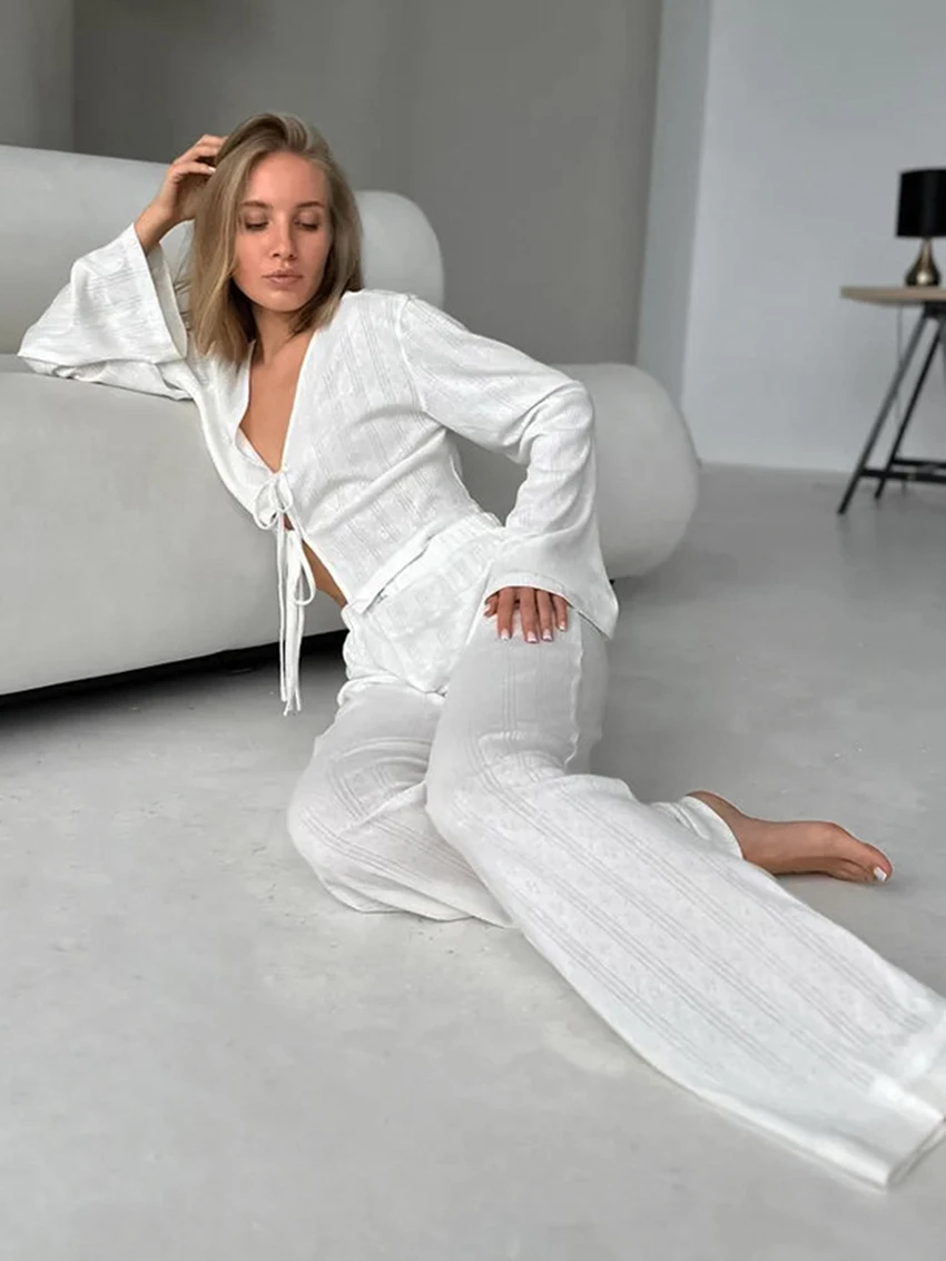 Marthaqiqi Casual Women Nightwear Set V-Neck Pajamas Long Sleeve Nightgowns Crop Top Nightie Lace Up Pyjamas Pants Home Clothes