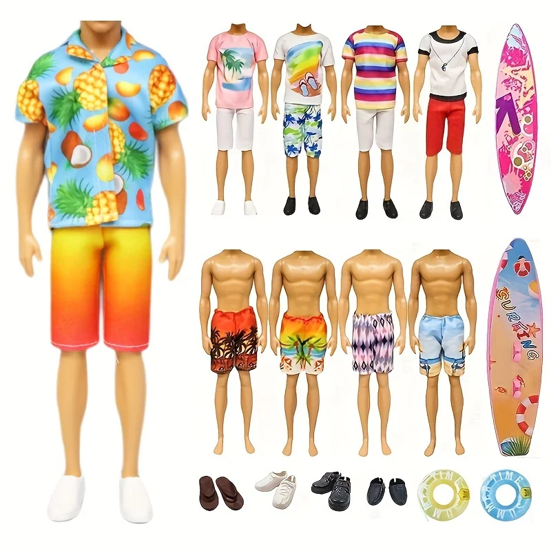 10Pcs Doll Clothes and Accessories for 12 Inch Boy Ken Dolls Include 4 Outfits 2 Beach Shorts 2 Shoes 1 Swim Ring 1 Surfboard