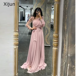 Romantic A Line Evening Dress Chiffon Prom Gown Pink Flower Lace Appliques Elegant V Neck Prom Dress Floor Length Formal 2022