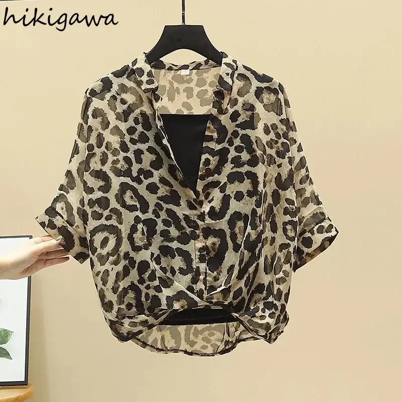 2024 Blusas Mujer De Moda Chiffon Shirts Sets Fashion Sexy Leopard V-neck Blouses Tunic Vest Suit Temperament Summer Loose Tops