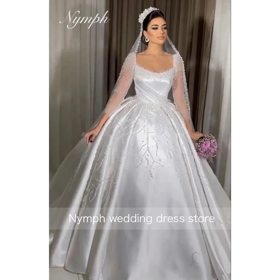 

Gorgeous V-Neck Pearls Stain White Wedding Dress 2025Ball Gown Floor Length robe de mariée Lace Up Customized Bridal Gown vestid