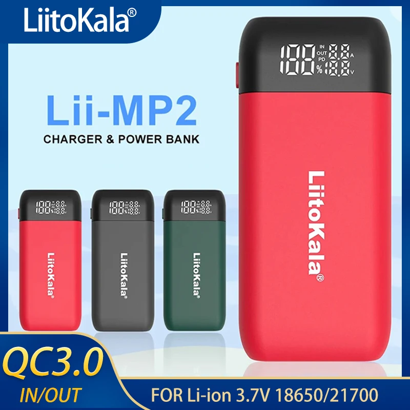 Nowy do ponownego ładowania z ładowarką LiitoKala Lii-MP2 i Power Bank 18650 21700 QC3.0 cyfrowy wyświetlacz wejścia/wyjścia