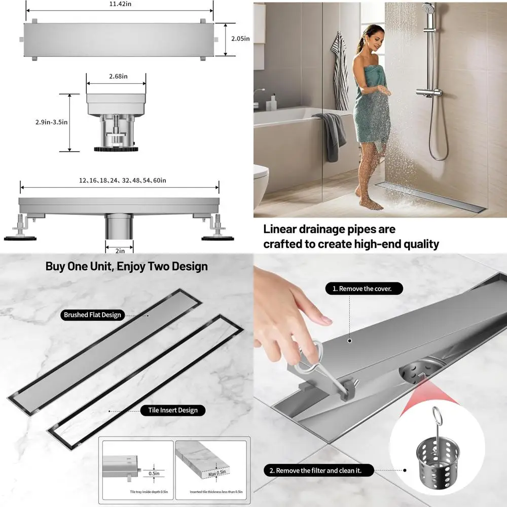 

24 Silver 304 Stainless Steel Linear Shower Drain with Adjustable Feet and Hair Strainer for Invisible Floor Installation