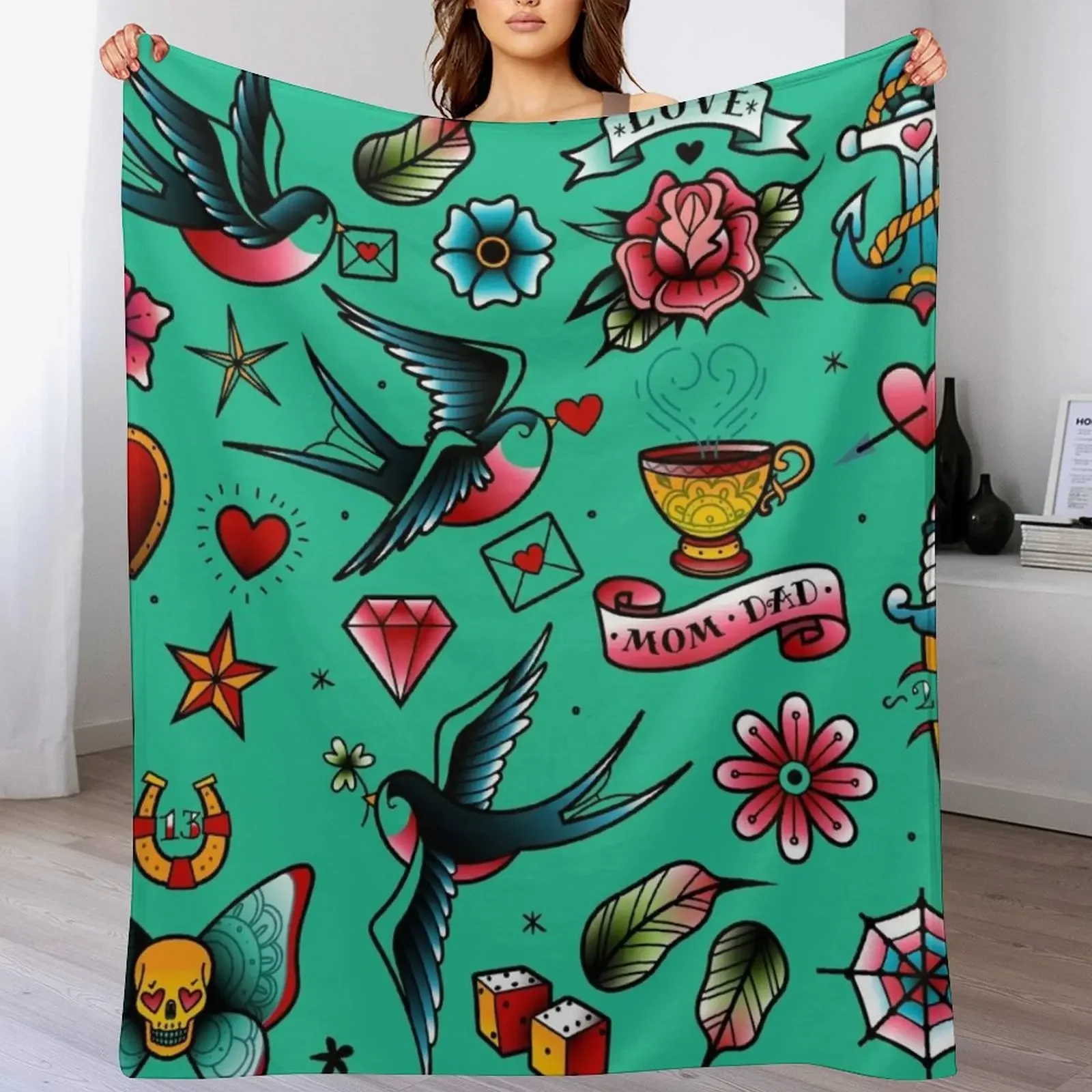 

Old school tattoo stickers of swallows, diamonds, heart, rose, anchor Throw Blanket Soft Sherpa Fleece Warm Blanket for Winter