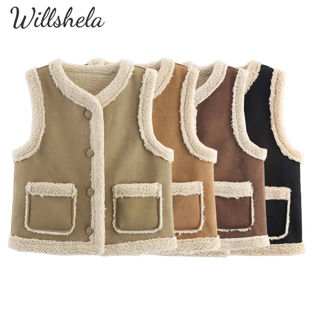 

Willshela женская модная однотонная зимняя теплая куртка жилет без рукавов с круглым вырезом женские шикарные женские повседневные флисовые майки