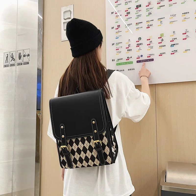 Korean Style Women\'s Backpack Fashion PU Leather Large Capacity Female Backpack sac a dos femme Luxury Lattice School Bag 2023