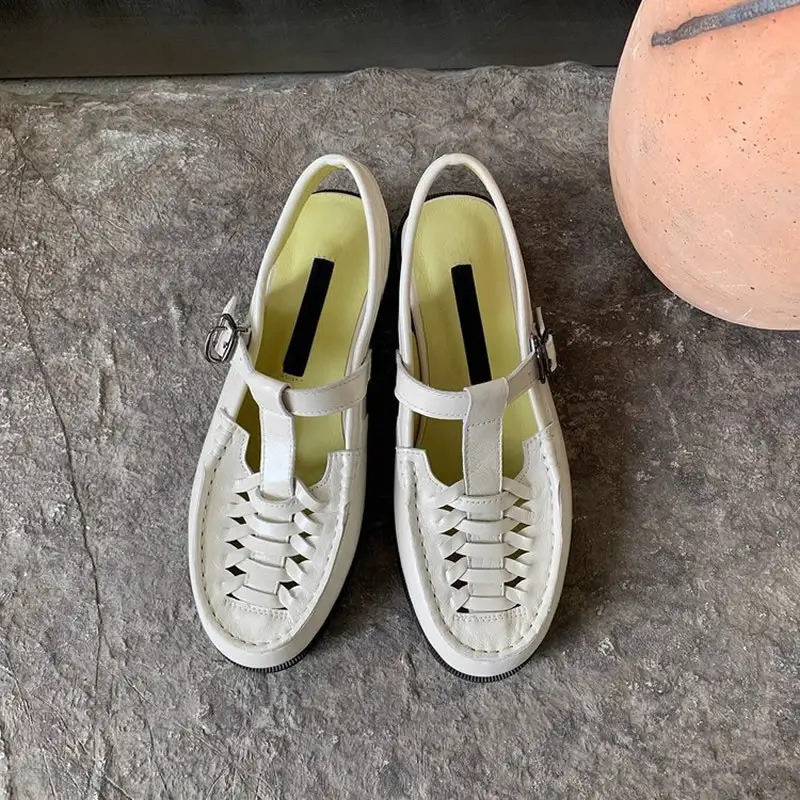Ladies Slingback Retro Handmade Sandals Female Breathable Leather Low Heel Shoes Summer Versatile Solid Soft Sole Women Zapato