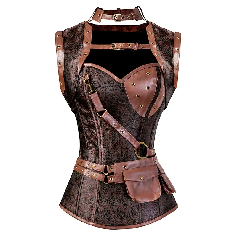 Hirate Corset Top Plus Size Faux Leather Lingerie Pirate costume Corset Bustier Top Overbush Steampunk Corsets for Women Brown A