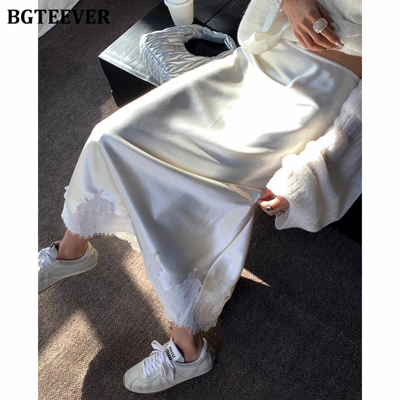 BGTEEVER Elegant Women Lace Patchwork A-line Satin Skrits Spring Summer Elegant High Waist Loose Female Package Hip Skirts