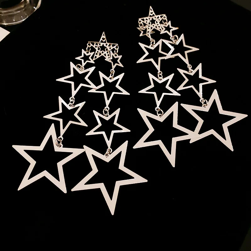 Exaggerated, five-pointed star long fringed silver needle earrings, personalized high-end temperament earrings for women