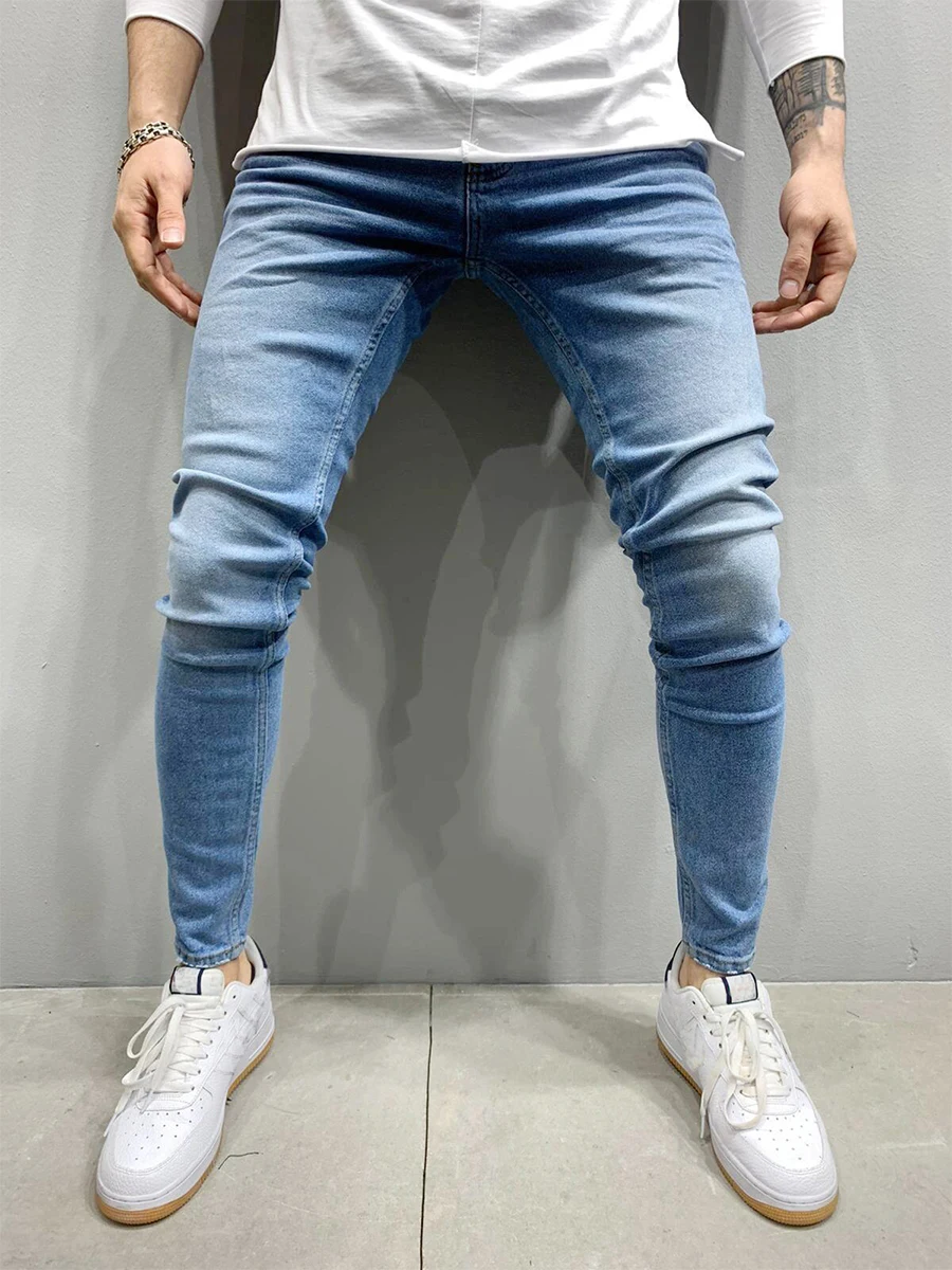 Men Casual Style Slim Fit Jeans Fashion Pure Color Tide Street Classic Style Elastic Denim Pants Brand High Quality Male Trouser