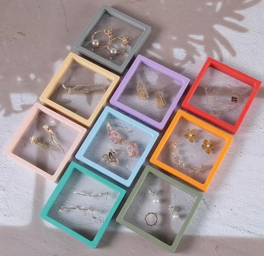 10pcs 3D PE Film Jewelry Storage Box Packaging Case Free Stand Floating Frame Membrane Ring Earrings Necklace Display Holder view 5