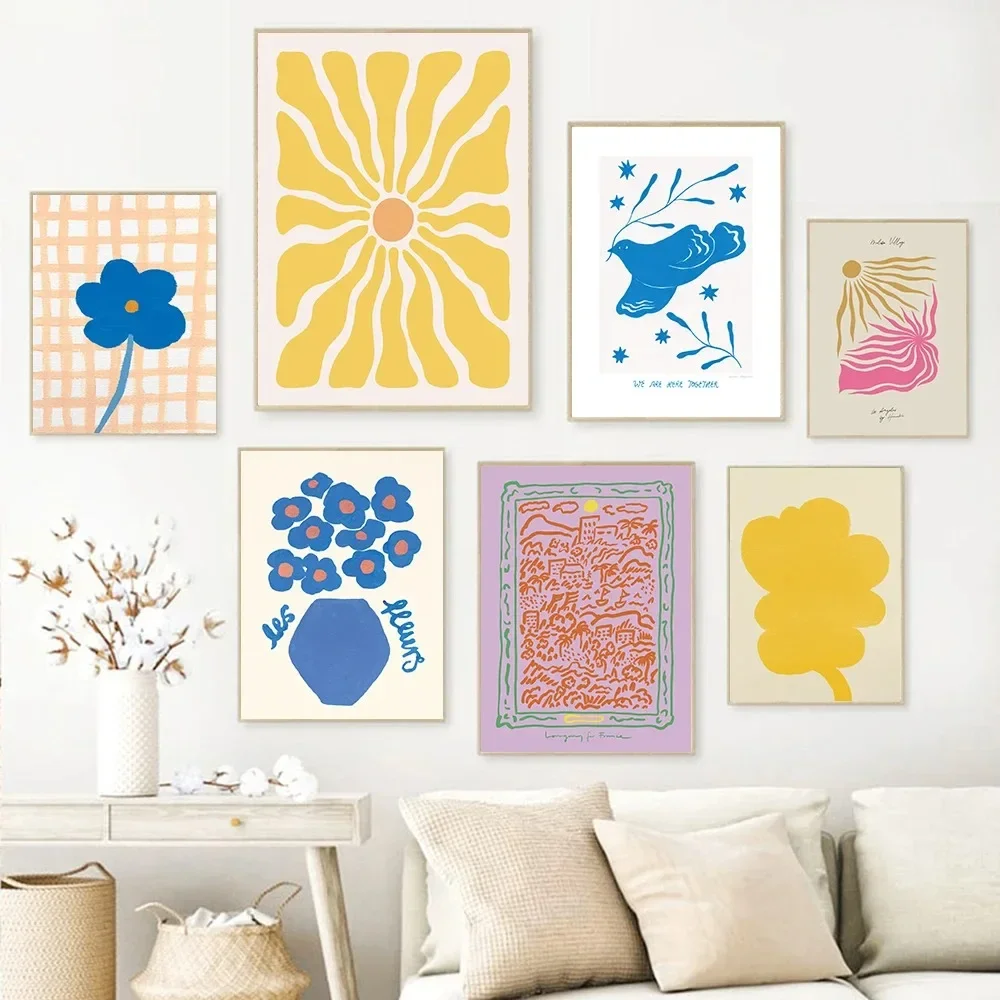 Póster y Cuadros Decorativos Retro con Diseño Floral, Coloridos y Divertidos, Arte Simple para Pared, Pintura de Diamantes, Cuadros para Sala de Estar