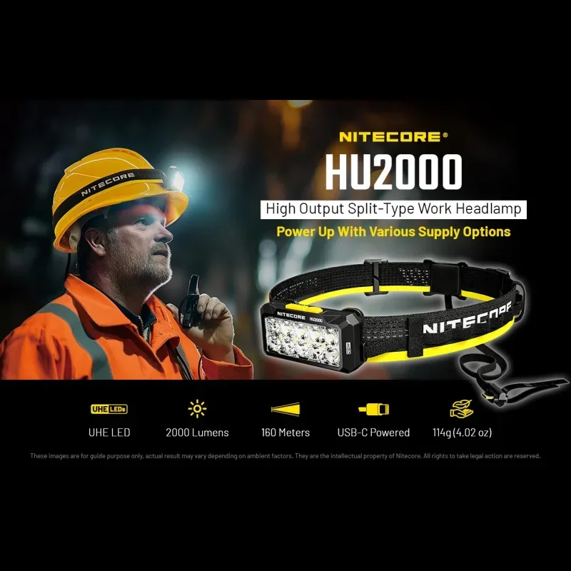 NITECORE HU2000 High Output Split-Type Work Headlamp 2000 Lumens USB-C Recharge LED Headlight Work Light Flexible Power Options