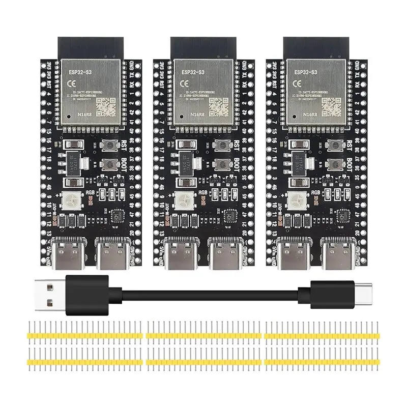 

AAAEL-3PCS Плата разработки ESP32 S3 с модулем 2,4G Wi-Fi BT ESP32-S3-WROOM-1 N16R8 MCU и кабелем Type-C 50 см