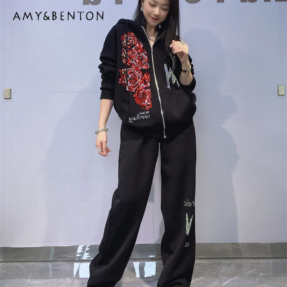 

Popular Design Rhinestone Cardigan Hoodie Sweatshirt Outfit Women's Fleece-Lined Thickened Zipper 2-Piece Set Autumn Winter Suit