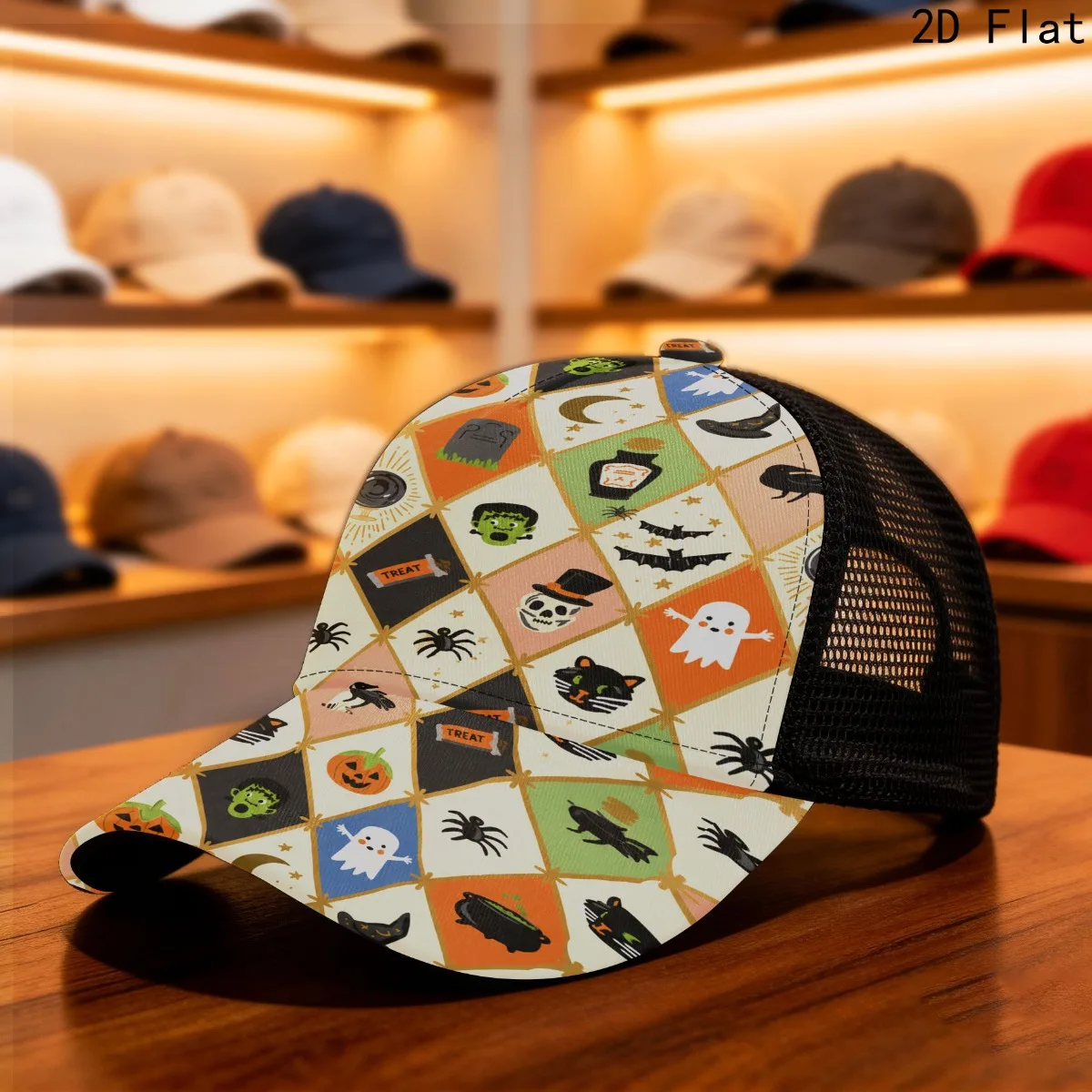 2D Flat Halloween Mesh Cap Colorful Holiday Print, Versatile Sporty Style Comfortable All-Day Fit, Durable Unisex Headwear