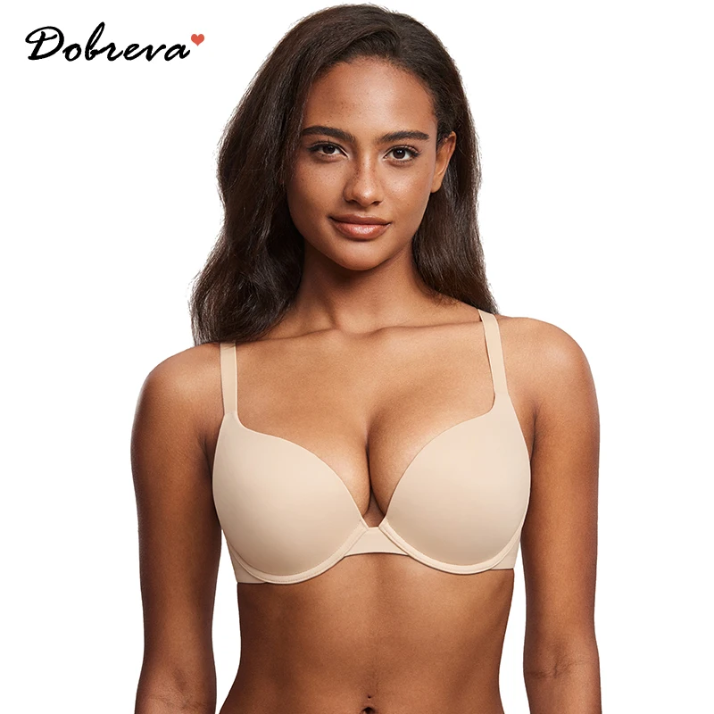 DOBREVA Women's Push Up Bra Plunge Full Coverage T Shirt Bras Plus Size Comfortable Padded Underwire