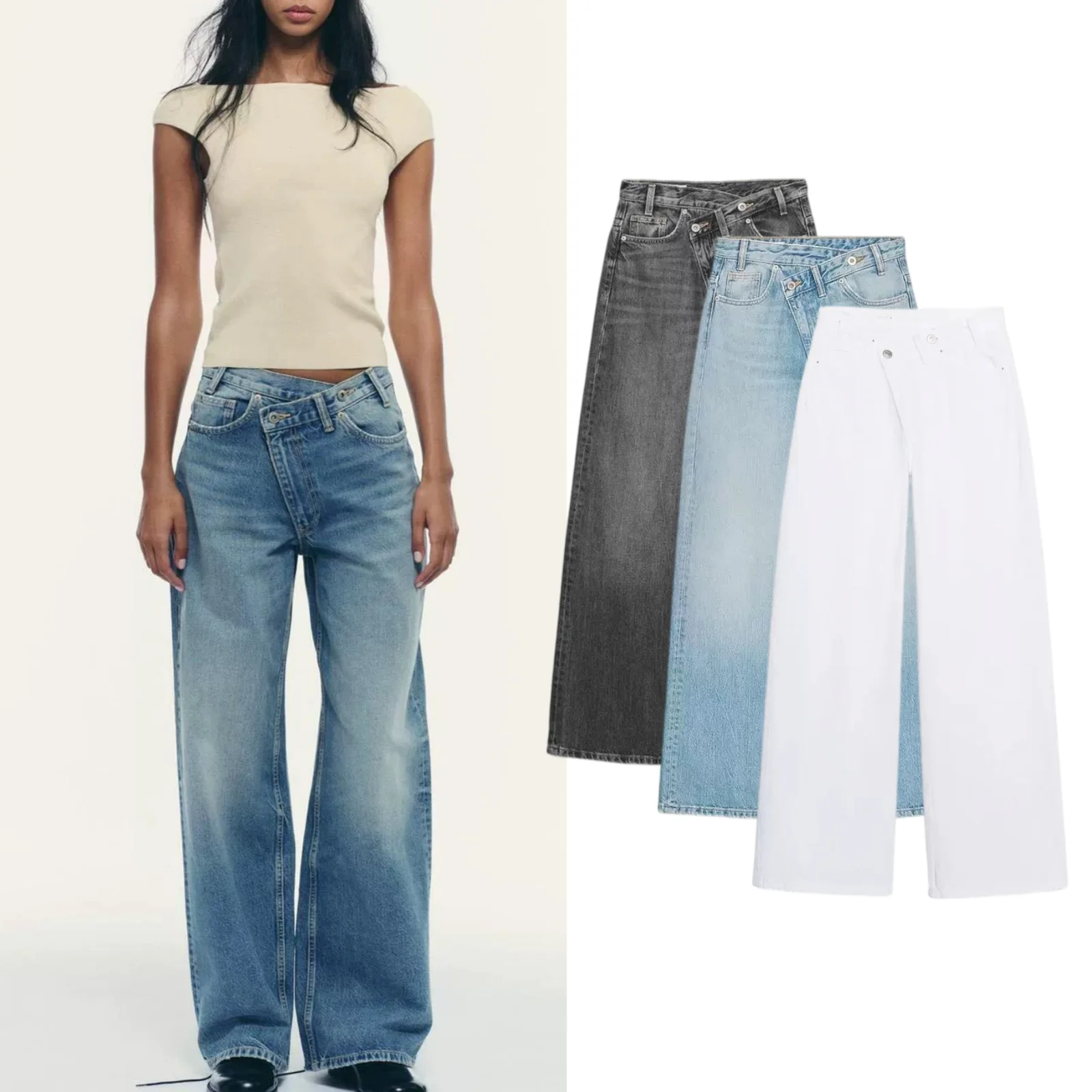Fall New Women's High Waist Wide Leg Jeans Double Button Waist Design Fashionable Ladies Denim Trousers No Brand Registered