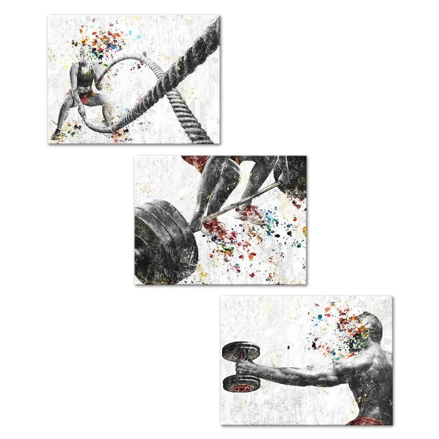 ARTS 3 piezas Fitness Gym Canvas Wall Art 12x16 Impresiones de entrenamiento enmarcadas con levantamiento de pesas, mancuernas, amplificador de barra Fitness Rope Mot