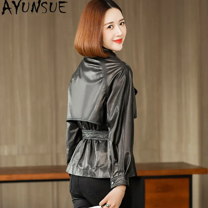 AYUNSUE-chaqueta de cuero genuino para mujer, abrigo de piel de oveja Real OL, Chaquetas elegantes de cuero, abrigos cortos con cordones