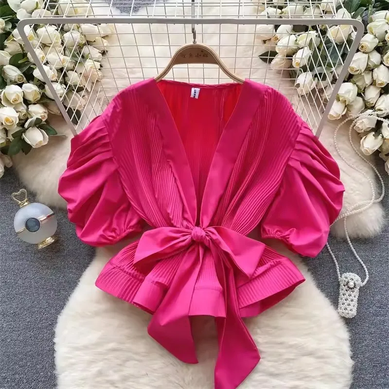 Fashion Solid Women V Neck Shirt  2025 New Summer Bubble Sleeve Blouse Elegant Versatile Waistband Bow Tops Female Clothing