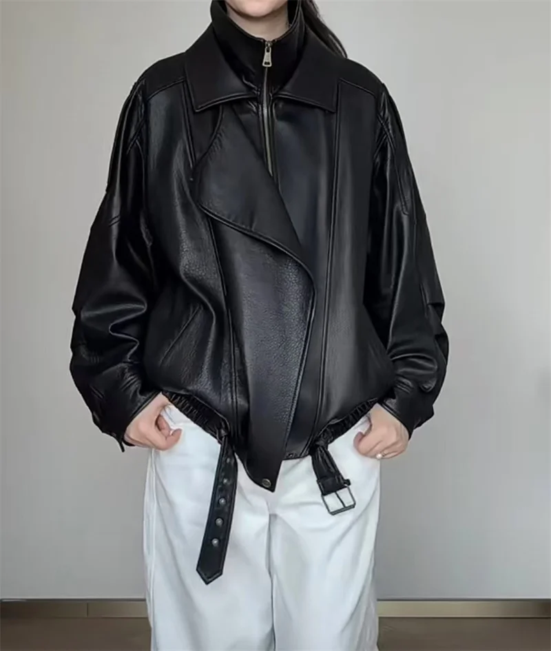 Guobioziy 2026 Fall New Women's Jacket 2026 Fall New Release Loose Faux Leather Biker Jacket Parka European and American Style