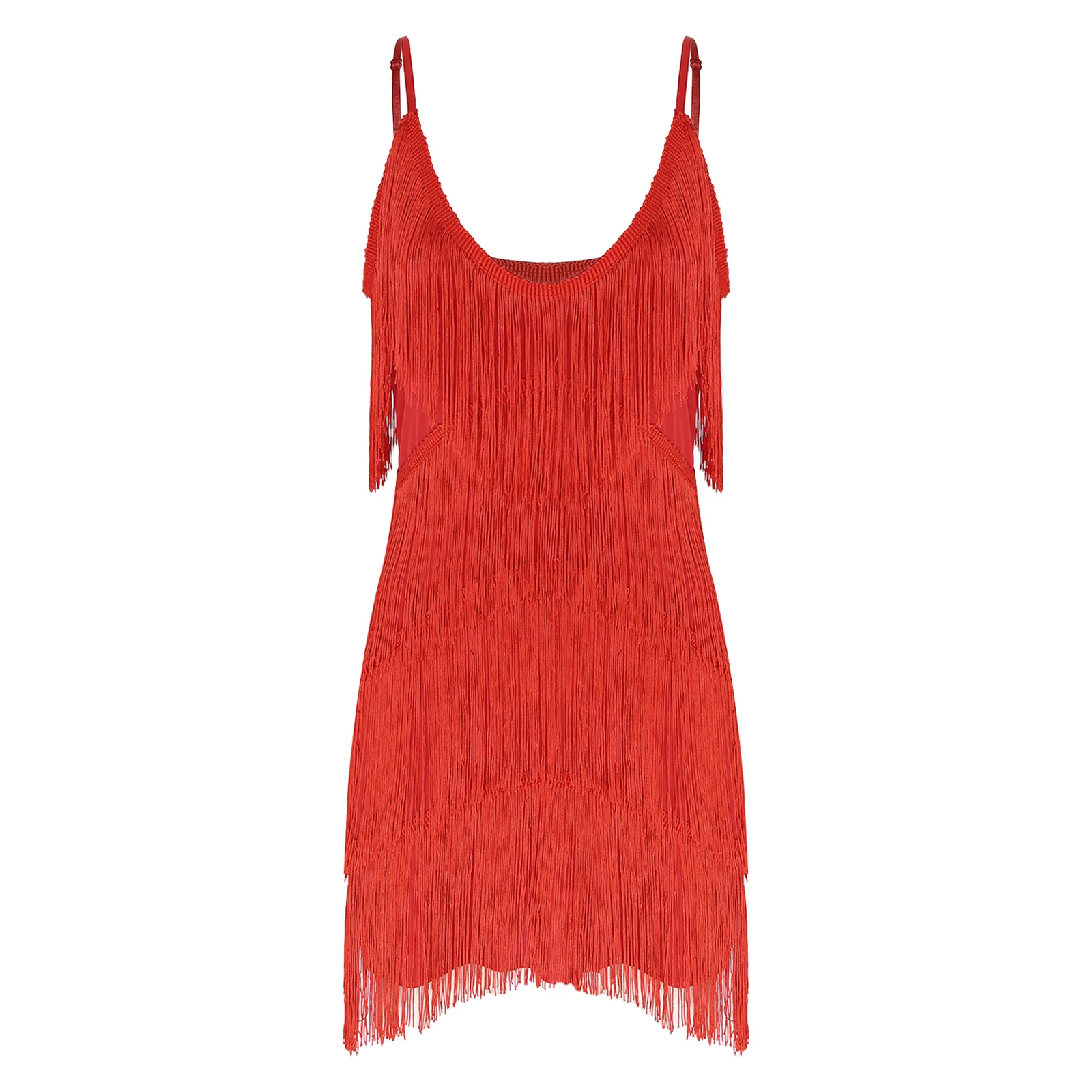 Women Tiered Tassel Latin Dance Dress Spaghetti Strap Deep V Neck Fringed Dresses Cocktail Party Ballroom Jazz Cha-cha Dancewear