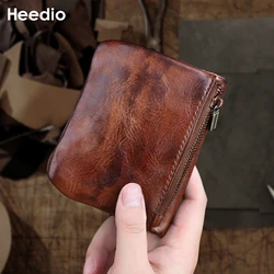Vintage Genuine Leather Wallet Retro Cowhide Short Wallet for Men Fold Purse with Zipper Coin Pocket Card Holder Money Bag