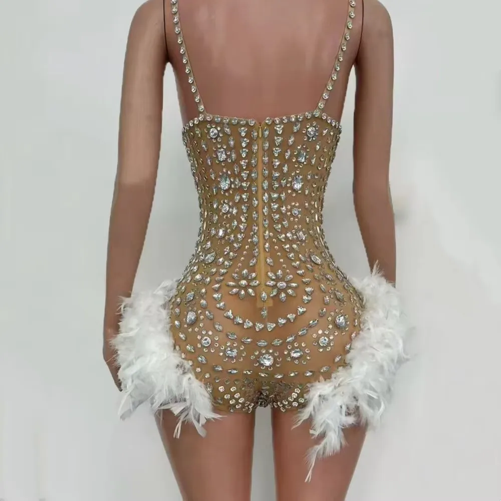 ชุดบอดี้สูทผู้หญิงสุดเซ็กซี่หรูหรา ประดับเพชร ตัดเย็บด้วยขนนก ชุดรัดรูปประดับคริสตัล สำหรับงานปาร์ตี้ไนต์คลับ การแสดงบนเวที ชุดคอสตูมแดร็กควีน
