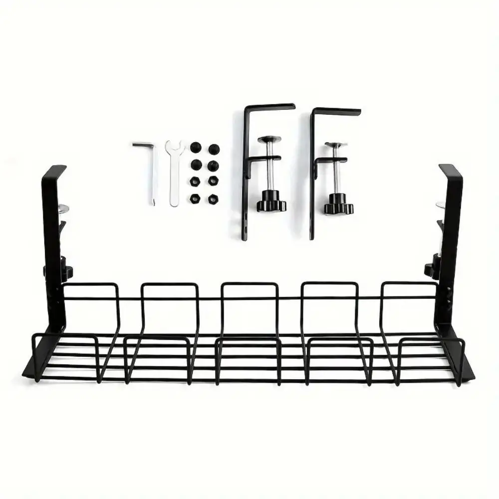 

No Punching Under Table Storage Rack Space Saving Sturdy Metal Cable Management Tray Adjustable Clamps Hanging Shelf