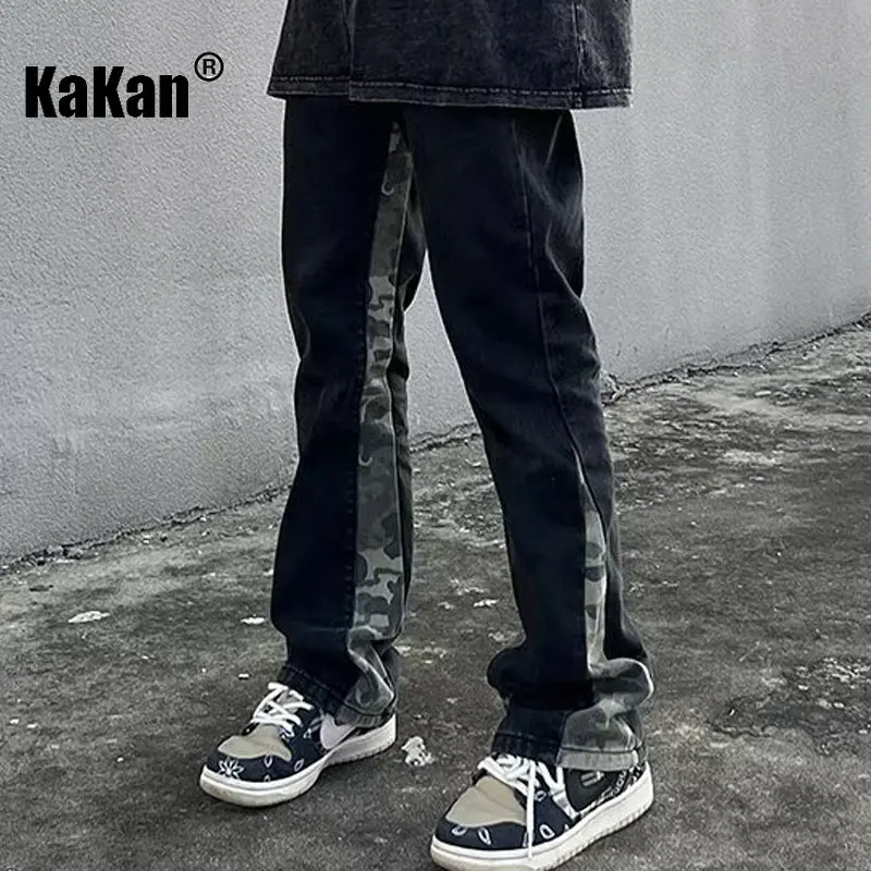 

Kakan - New Washed Retro Camouflage Patchwork Jeans for Men, Black Design Feel Straight Tube Micro Flared Long Jeans K33-M004