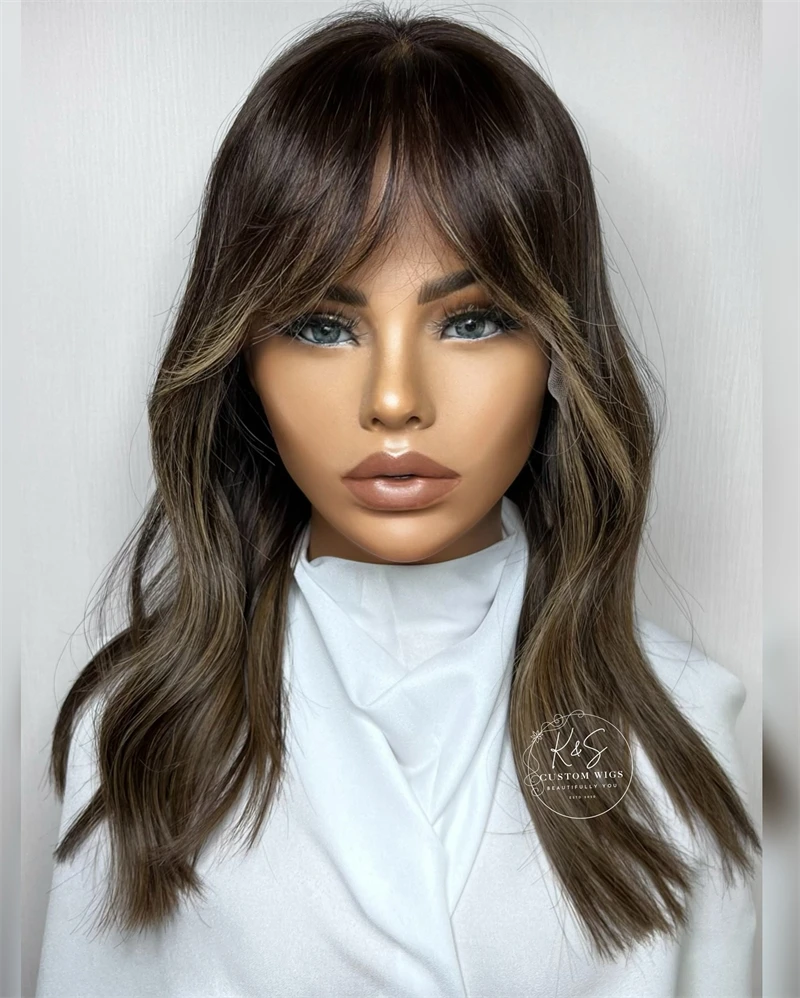 

Черно-коричневый синтетический парик с челкой, имитирующий натуральные волны, премиум-класса, для косплея, повседневного использования и вечеринок, без клея, для женщин