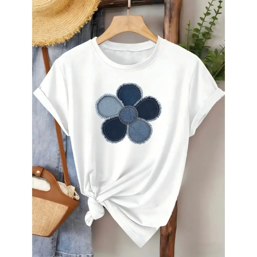 Vintage Patchwork Denim Flower Frayed Edge Stitch Graphic Plus Size Women 100% Cotton Soft Loose Crew Neck Short Sleeve T-Shirt For Western Retro Casual Daily Tops