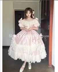 Historic Victorian Prom Dress Pink Round Neck Satin Lace Bow Appliqué Customisation Puffy Dress Masquerade فستان سهرة سعودية فخم