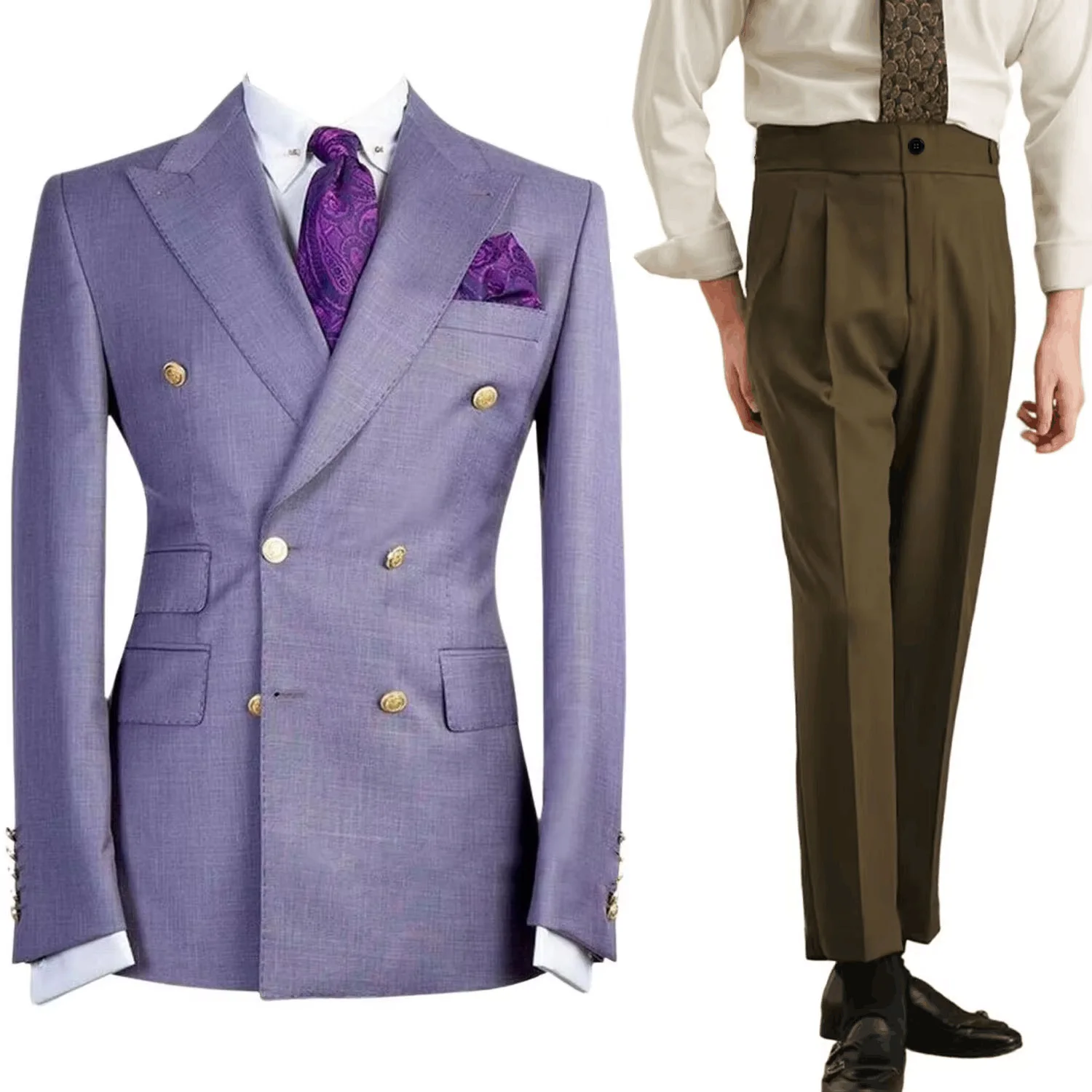 ชุดสูทผู้ชายสีม่วงอ่อนแบบสั่งตัด เสื้อเบลเซอร์กระดุมสองแถว แจ็คเก็ตสำหรับงานเลี้ยงอาหารค่ำ สไตล์หรูหรา ทรงเข้ารูป สำหรับงานแต่งงาน/ธุรกิจ
