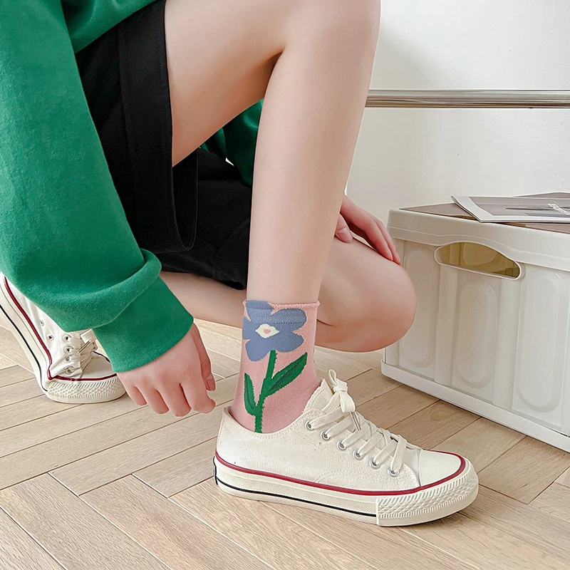 Japanese Korean Style Women Crew Socks Spring Autumn Candy Color Cute Cartoon Flower Harajuku Kawaii Casual Floral Mid Tube Sock