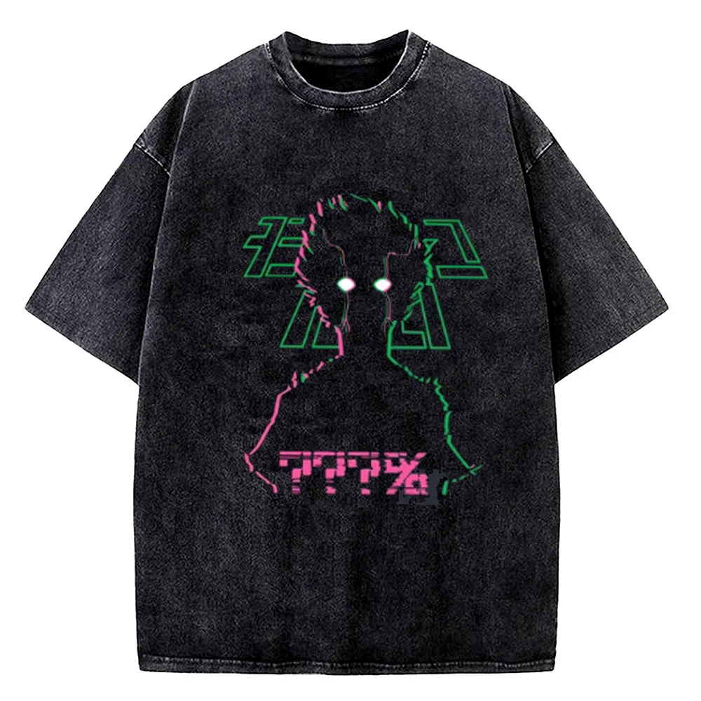 Vintage Washed Mob Psycho 100 Funny Anime T-shirt Men 100% Cotton Tee Japan Manga High Quality Streetwear Cartoon T Shirt view 4