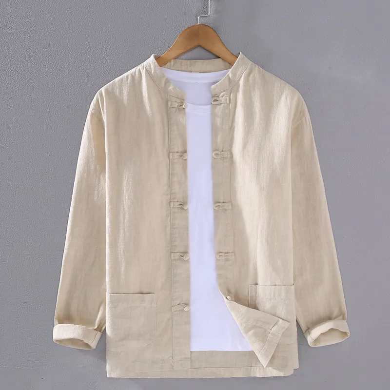 

Мужская льняная рубашка-куртка с пуговицами, воротником-стойкой, для дзен-медитации, чайных церемоний, тай-чи, традиционная китайская одежда Ханьфу