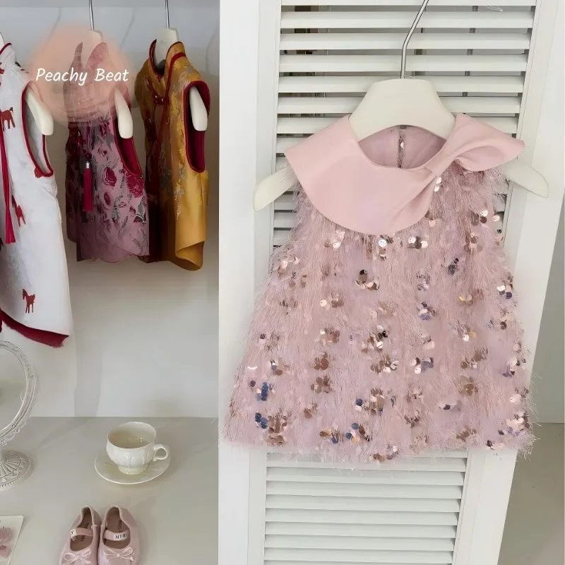 

Платье-жилетка для маленьких девочек с блестками, без рукавов, с бантом на воротнике, для малышей и детей постарше, на день рождения, 0-7 лет