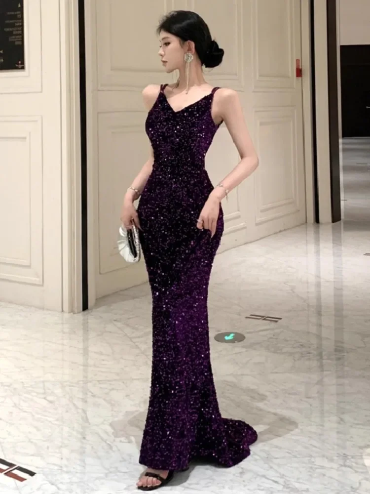 Topanoma Evening Dresses Women Sequins Sleeveless Criss Cross Backless V Neck Slim Wedding Party Cocktail Mermaid Dress Banquet