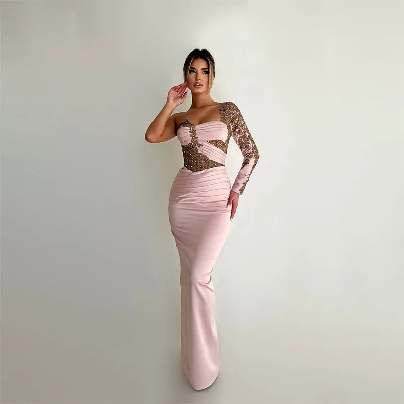 

Fashion Mermaid Evening Dresses For Women One Shoulder Long Sleeves Gowns Appliques For Party Dress Custom Made Robe De Soiree