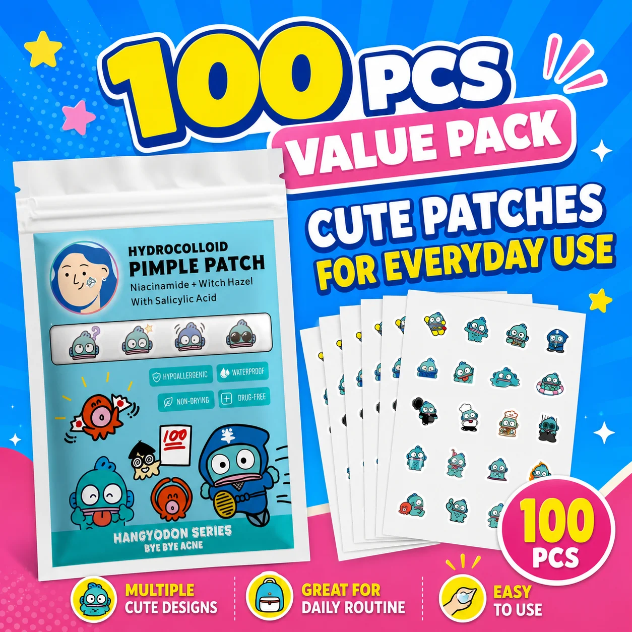 Sanrio Acne Pimple Patches, Hydrocolloid Spot Cover Stickers, Cute Face Care Patches for Daily Use