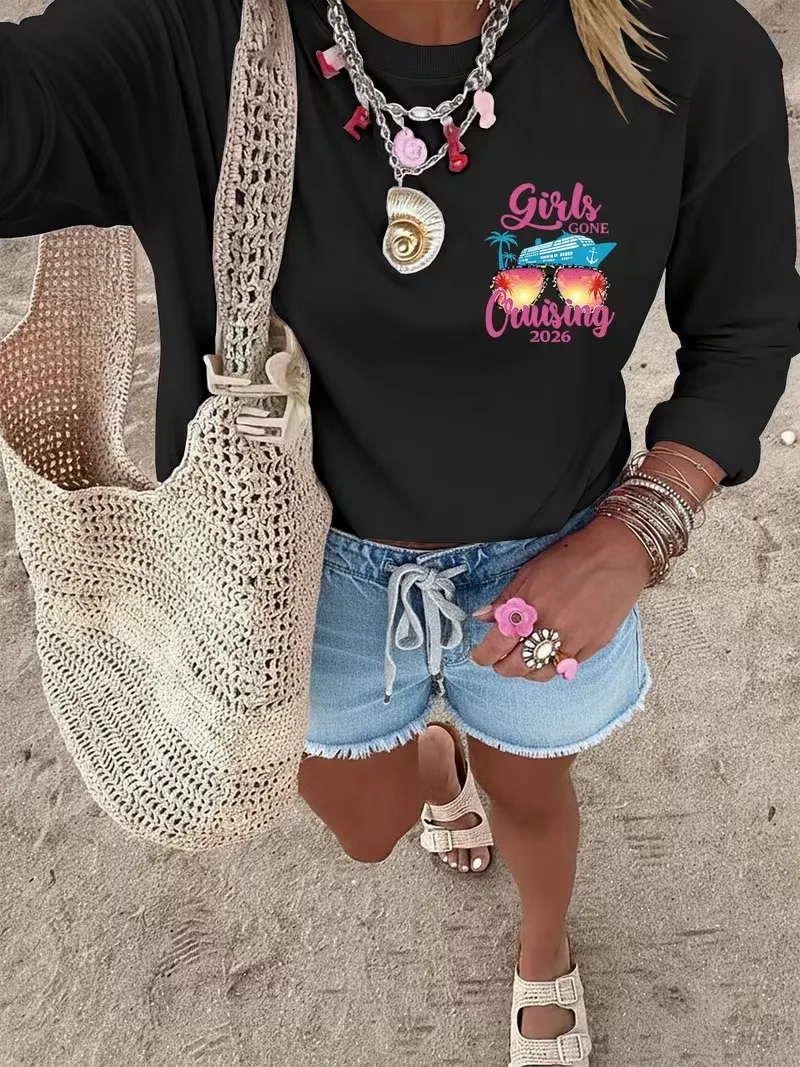 Y2k Casual 100% Cotton Long Sleeve T-Shirt Vacation Print Graphic Tee Round Neck Women'S Top Tee Loose Clothes Fall Winter
