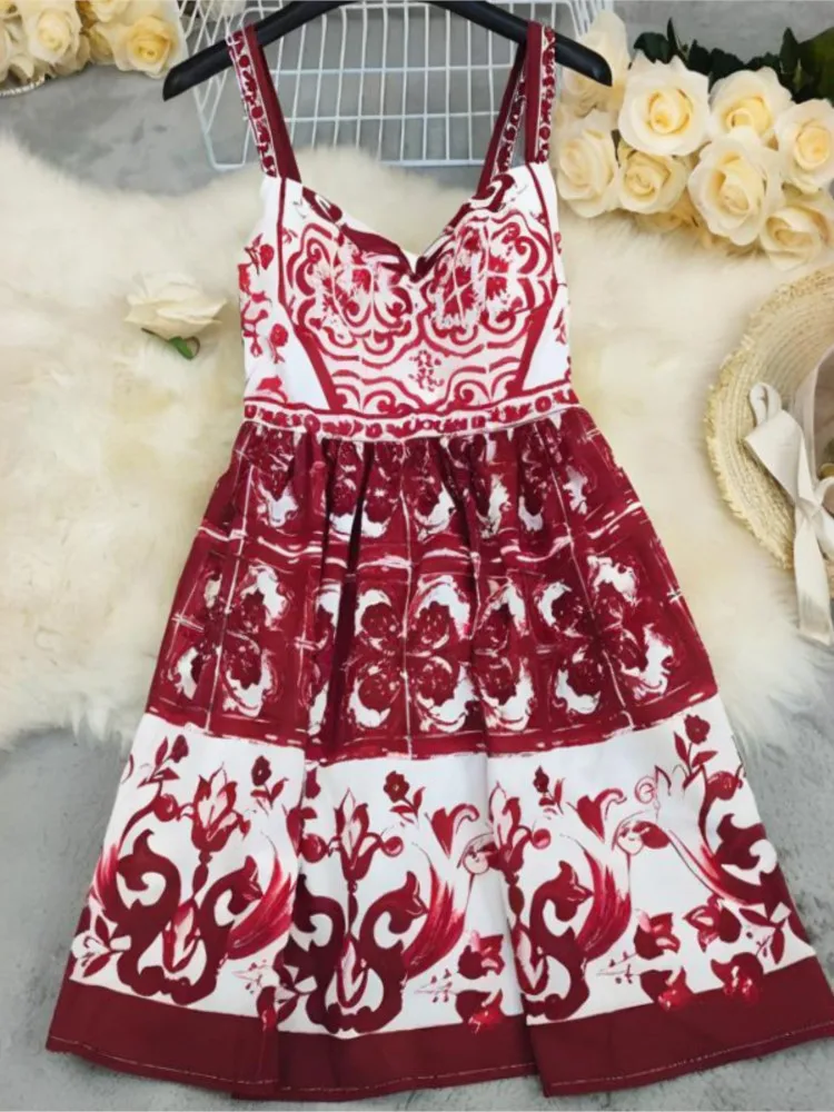 

Fashionable Printed Camisole Dress Summer New Sexy V-neck Sleeveless Zipper Slim Fit Short Dress Women's Clothing