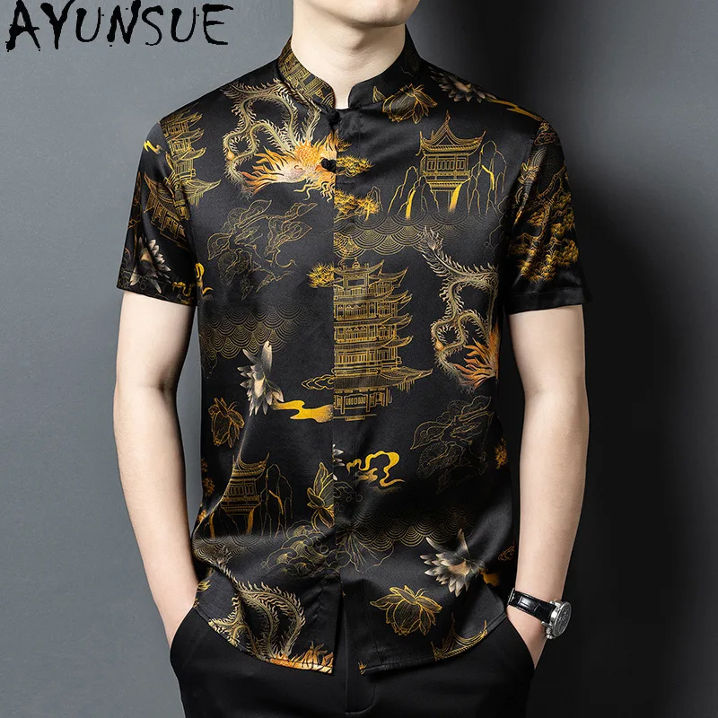 AYUNSUE 90% Mulberry Silk Shirt for Man Quality Fashion Jacquard Gauze Silk Tops Summer Short-sleeved Mens Shirts Outfit рубашка